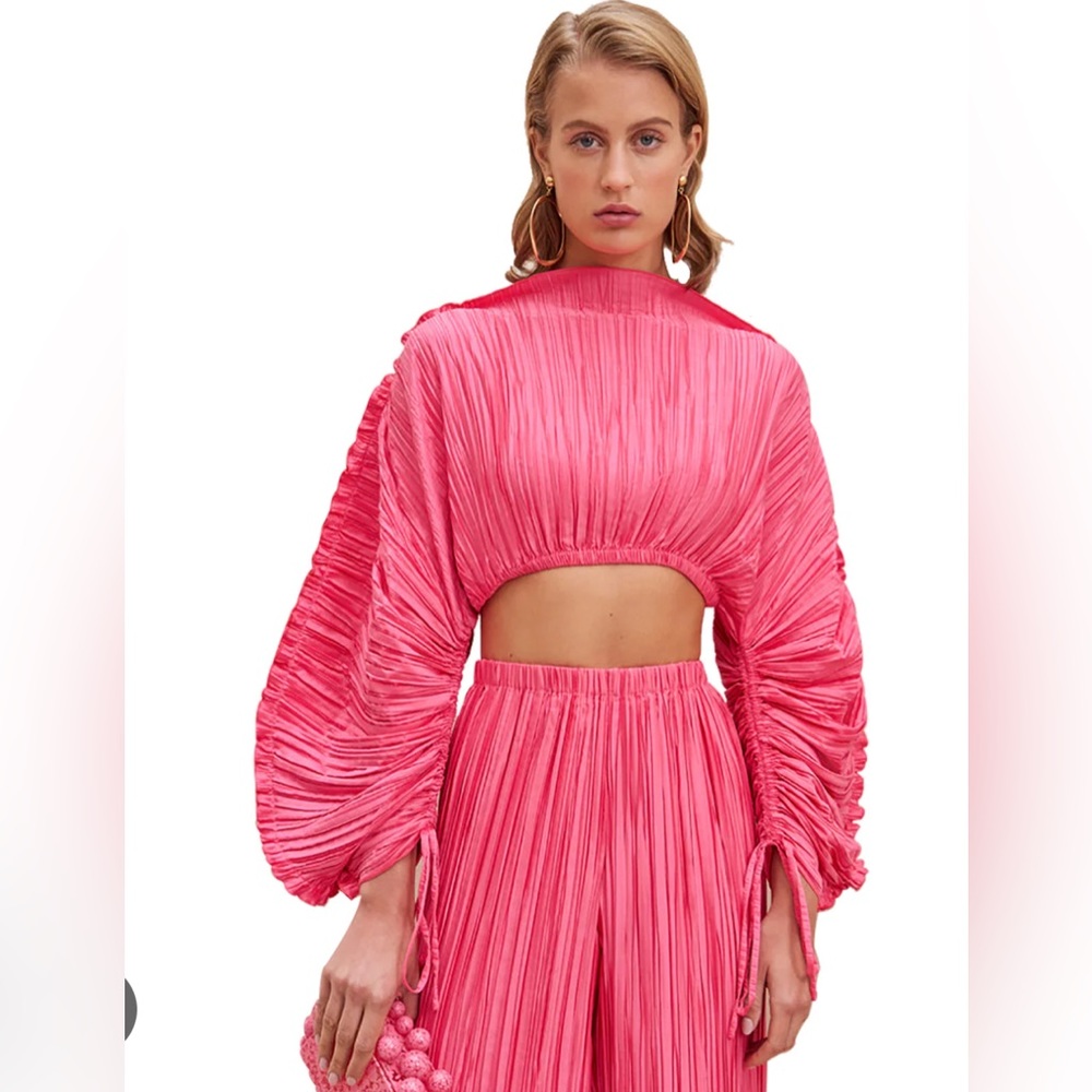 Cult Gaia Pink Ruched Mandarin Collar Crop Blouse